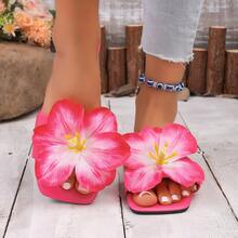 Women's Fashionable Rose Red Floral Sandals, Flat, Square Toe, Non-Slip, Suitable For Outdoor Wear, Vacation, Beach, And Casual Use. Hawaiian Style Floral Sandals, Soft Sole, Non-Slip, Sweet And Casual Sandals For Beach Outings. Simulated Large Floral Decoration Sandals, Rose Pink Flat Square Toe Summer Vacation Sandals. - Rose Red - View 17