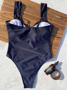 女款優雅拼接配色連身泳衣，適合夏季，春/夏海灘度假、海邊活動與度假穿著的理想選擇 - 藍色 - 查看 3
