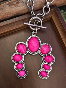 1pc Style Pink Blue Turquoise Pendant Necklace Vintage Distressed Silver Chain OT Clasp Design Western Cowboy Style Accessory - Necklace - View 9
