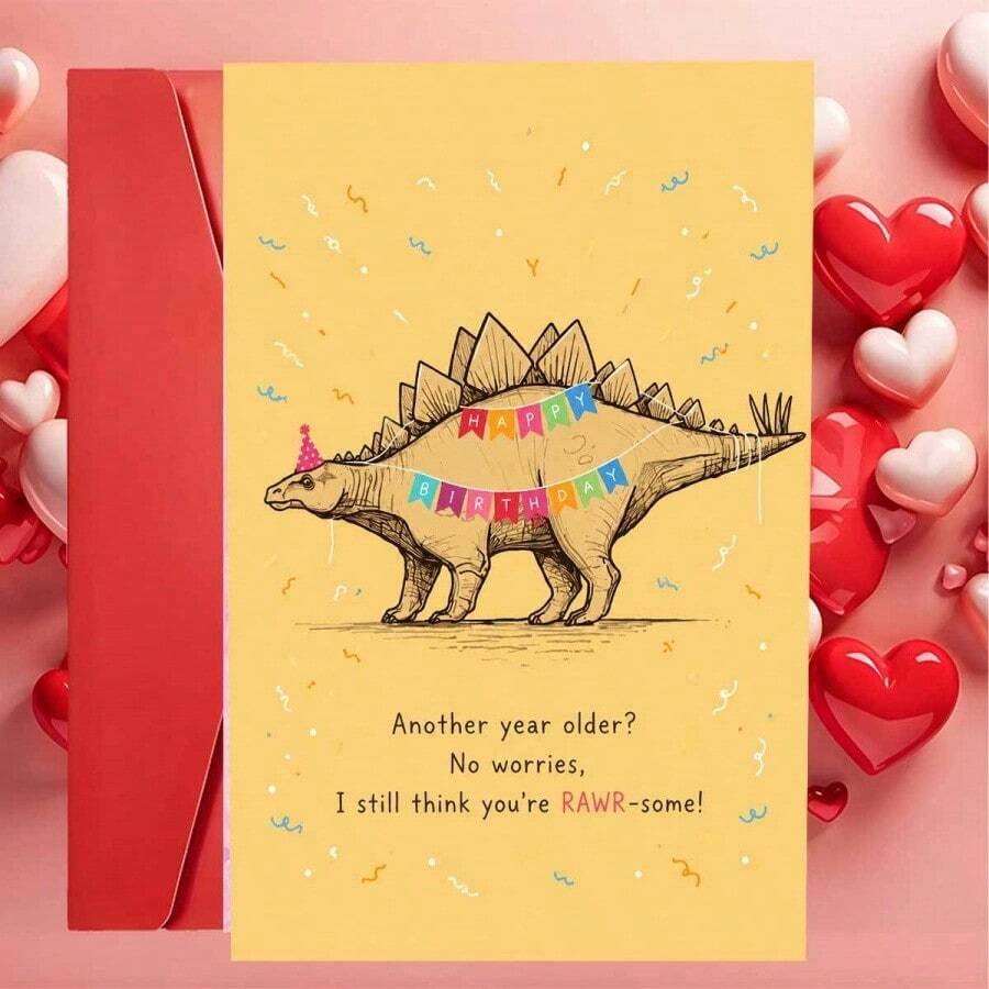 1Set(An Envelope And A Card) Cute Dinosaur Birthday Greeting Card With RAWR Some Text, Fun Party Style, For Friends - 13*18 - View 1
