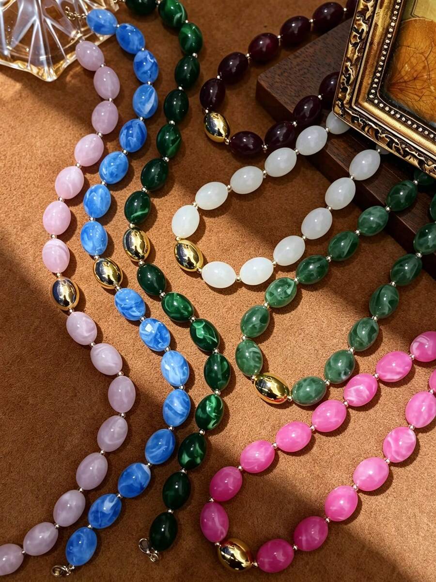 1/7 piezas Collar de cuentas ovaladas gruesas vintage, collar de cuentas de acrílico estilo bohemio teñido para mujeres, adecuado para uso diario/fiesta de playa de verano/boda/banquete/vacaciones, regalo exquisito para aniversario