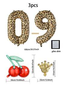 Juego de 3 globos de número con estampado de leopardo de 40 pulgadas, globos de lámina con corona de cereza, globos grandes con forma de número 0-9, adecuados para decoración de fiesta de cumpleaños y baby shower - Multicolor - Ver 7