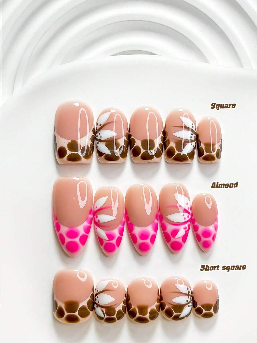 10片裝 Style And Vibe 手工穿戴甲套組 (Polygel),花瓣設計,粉色與棕色指甲油,清新時尚風格,附美甲工具,3種尺寸可選:方形、短方形、杏仁形,適合派對、跳舞、日常配戴 - 彩色 - 查看 1