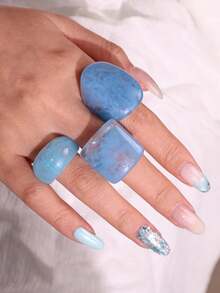 3pcs/Set Autumn Blue Tie Dye Geometric Asymmetrical Wide Resin Rings, Vintage Fashion Ring Set, Gift For Best Friend - Multicolor - View 5