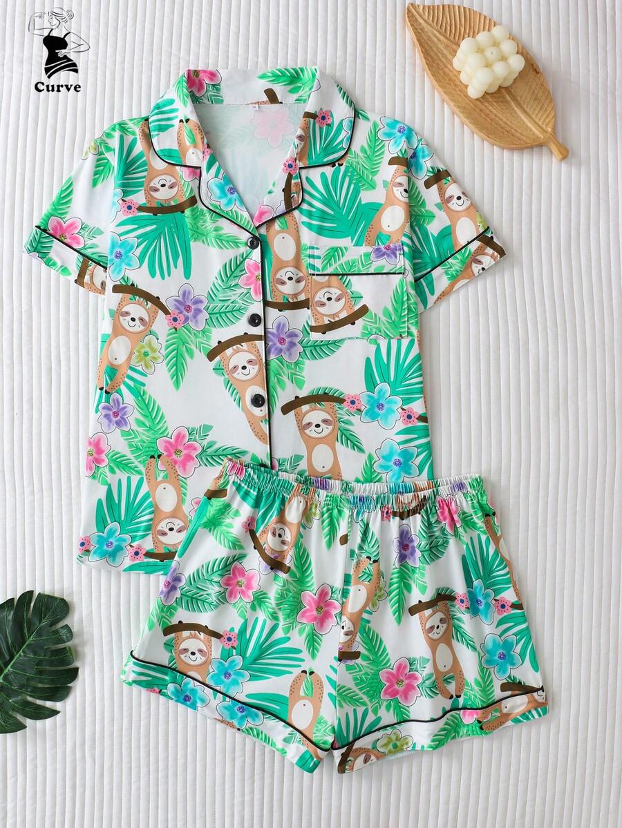2pcs/Set Sloth Tropical Floral Print Women's Pajamas, Premium Satin Fabric, Smooth And Comfortable, Loose Lightweight Button Short Sleeve Top And Shorts, Plus Size Casual Home Wear Women's Pajama Set - Mint Green - View 1