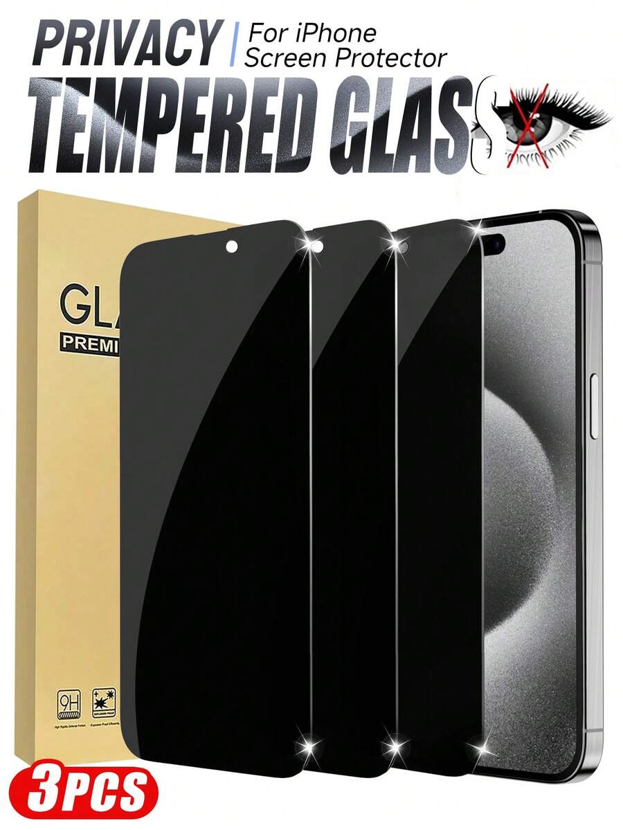 MIGAE 3pcs Privacy Screen Protector Film, Compatible With IPhone 18 Pro/18 Pro Max/17/16/16e/15/14/13/13 Pro/12/11/17 Pro Max/17 Air/16 Pro Max/15 Pro Max/14 Pro/Plus/Mini/X/XR/XS Max/7/8/SE2/SE3, 9H+ Tempered Glass Film, Anti-Scratch, Full Coverage, Anti-Peeping Privacy - Black - View 1
