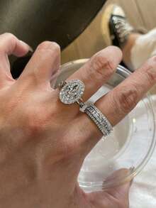 3pcs Old Money Style Cubic Zirconia Geometric Stackable Copper Rings Set, Suitable For Women's Daily And Party Wear - Silver - View 3