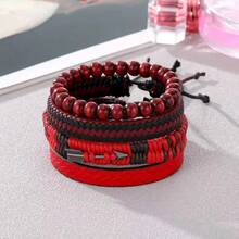 Fashion 4pcs Set Multi-Layer Leather Bracelet Minimalist Handmade Woven Cupid's Arrow Bracelet For Men And Women - Red - View 2