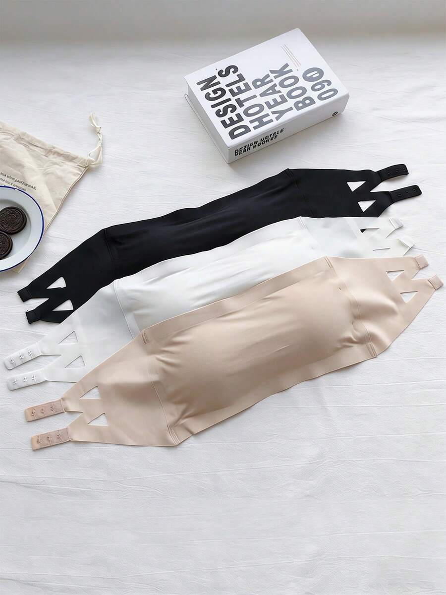 3pcs/Set Girls Basic Solid Color Seamless Ice Silk Strapless Backless Invisible Hook-And-Eye Bra, Suitable For Daily Wear - Multicolor - View 1