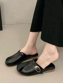 Women's Minimalist Metal Buckle Flat Mule Slippers, Split Peep Toe Slip-On Casual Slides, Versatile Black Shoes For Daily Wear & Commute - Black - View 7