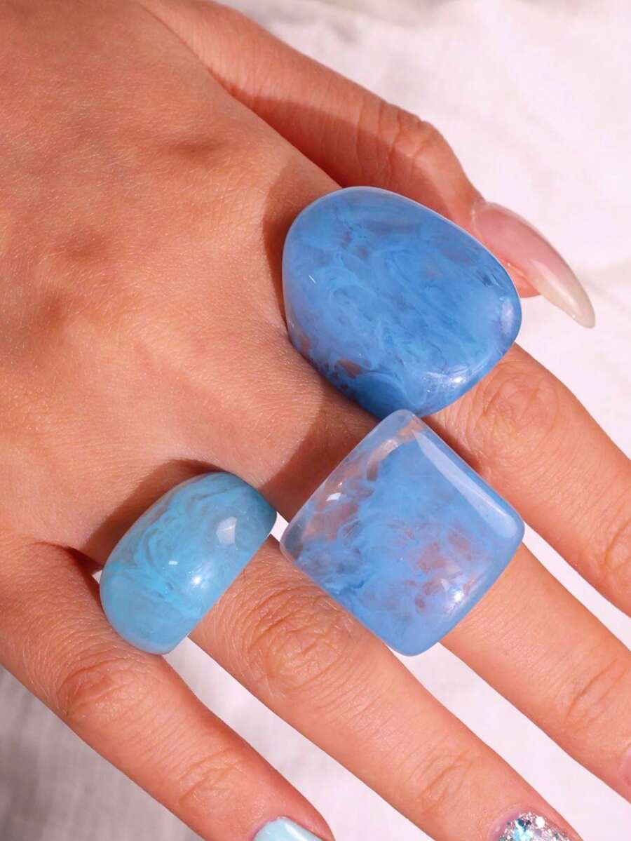 3pcs/Set Autumn Blue Tie Dye Geometric Asymmetrical Wide Resin Rings, Vintage Fashion Ring Set, Gift For Best Friend - Multicolor - View 1