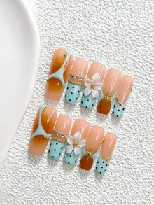 10Pcs Mint French Manicure Style Handmade Press On Nail,Polygel Nail Set,Polka Dots, Petals,Pink, Blue And White Nail Polish,Sweet Style,Includes Nail Tools,3 Sizes Available,Almond Nails , Duck Nails,Coffin Nails For Party, Dance, Daily Wear. - 彩色 - 查看 16