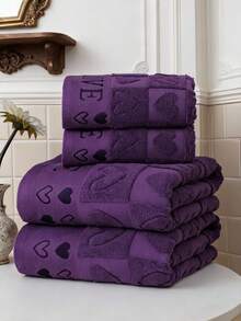 QIBHI 4PCS Luxury Bath Towel Sets Purple Heart Shape Large Ultra Soft 100% Cotton Classic Flower Classic Pattern 2 Bath Towels Sheets 2 Hand Towels Highly Absorbent For Gift Adults Girl Face Body (Puple) - Violet Purple - View 1
