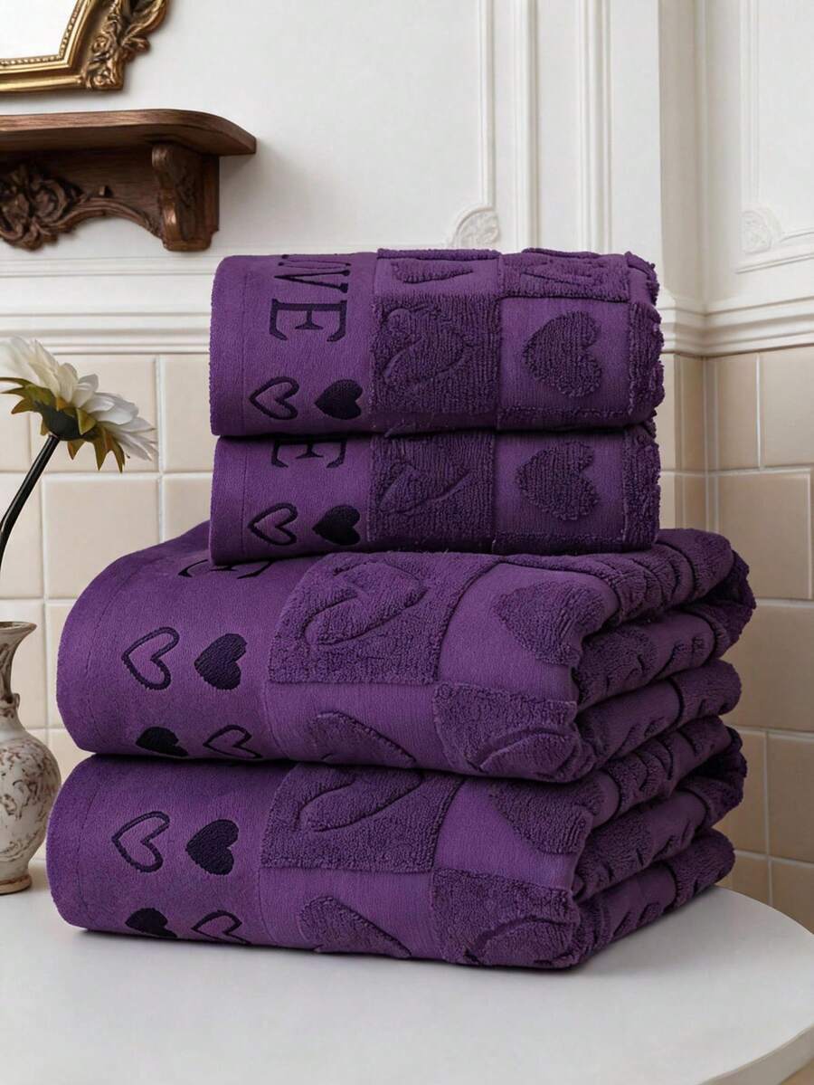 QIBHI 4PCS Luxury Bath Towel Sets Purple Heart Shape Large Ultra Soft 100% Cotton Classic Flower Classic Pattern 2 Bath Towels Sheets 2 Hand Towels Highly Absorbent For Gift Adults Girl Face Body (Puple) - Violet Purple - View 1