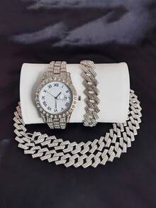 3pcs/Set European And American Hip Hop Cuban Bracelet Necklace Watch Gift Set Quartz Watch - 3pcs - View 1
