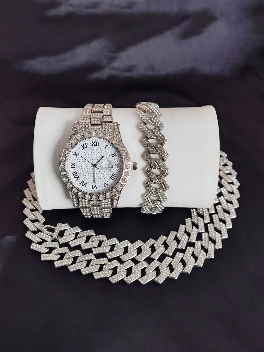 3pcs/Set European And American Hip Hop Cuban Bracelet Necklace Watch Gift Set Quartz Watch - 3pcs - View 1