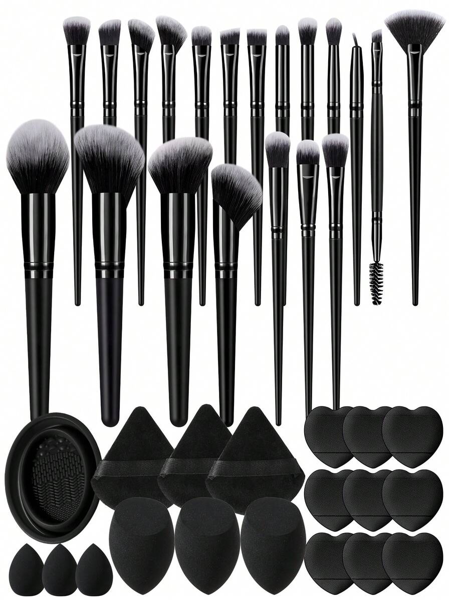 3/9/39Pcs Makeup Brush & Beauty Sponge Set, 20Pcs Soft Synthetic Cosmetic Brushes (Foundation, Eyeshadow, Concealer, Blush, Highlighter), Triangle & Finger Powder Puffs, Brush Cleaner Tool, All-In-One Kit For Daily Face Makeup - Black - View 1