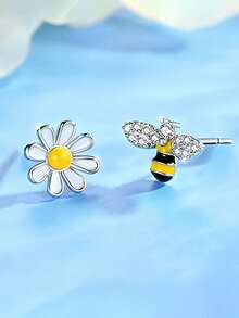 1 Pair Cute Flower & Bee Stud Earrings, Designed For Women, Suitable For Wedding, Engagement, Anniversary Party, Valentine's Day Gift - 1# - View 2