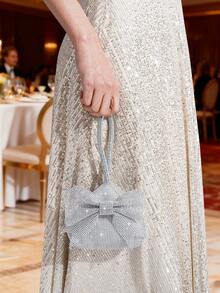Sparkly Mini Bow Rhinestone Decor Evening Clutch Handbag Coin Purse Wallet - Silver - View 3