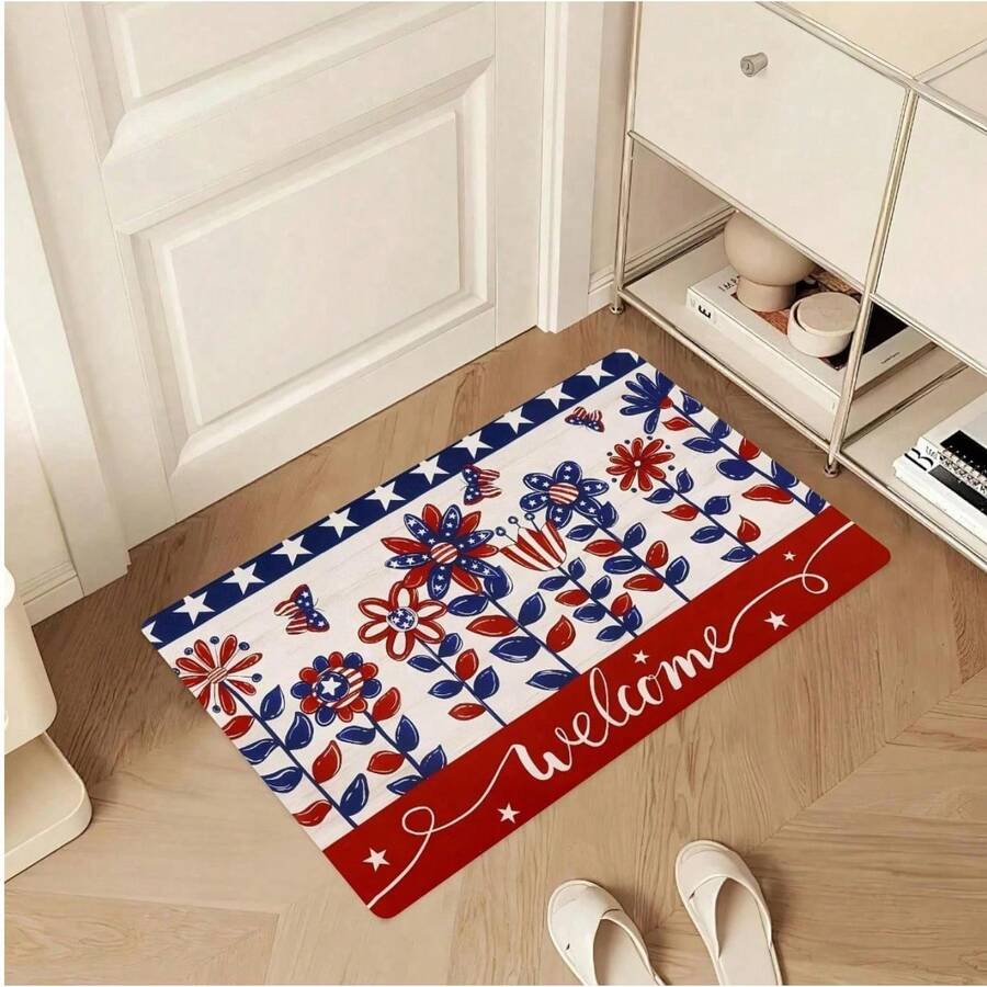 1pc Independence Day Floral Print Velvet Doormat, Soft Non-Slip Floor Mat, Anti-Slip Washable, Easy To Clean, Suitable For Indoor And Outdoor Door Mats, Entryway And Other Living Scenes, Carpet, Rug, Carpet Living Room, Kitchen Mat, Carpet For Bedroom, Bathroom Mat, Rug Bedroom, Room Decor, Rugs For Living Room, Kitchen Rug, Hallway Runner, Washable Rug, Boho Rug - Multicolor - View 1