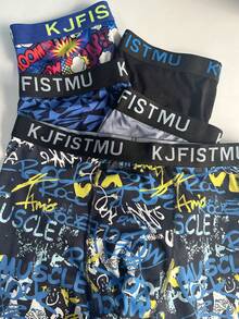 4/8/12/16 Pack Men's Fun Print Boxer Briefs, High Elastic Breathable Polyester Spandex Blend, Abstract Pattern, Daily Sport & Leisure, Cycling Shorts - Multicolor - View 11