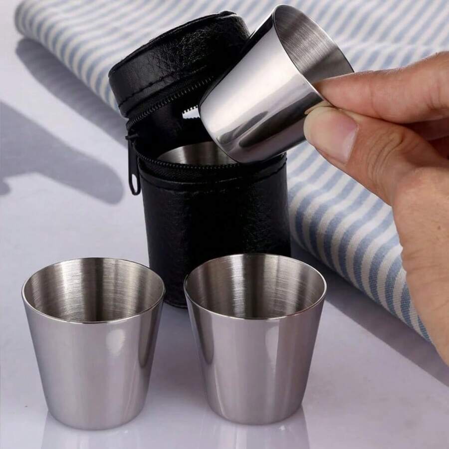 1 Set 4pcs Stainless Steel Liquor Cups With Storage Bag, 1.01oz/2.37oz/5.75oz Mini Drinking Cups, Portable Bar Drinking Cups - Multicolor - View 1
