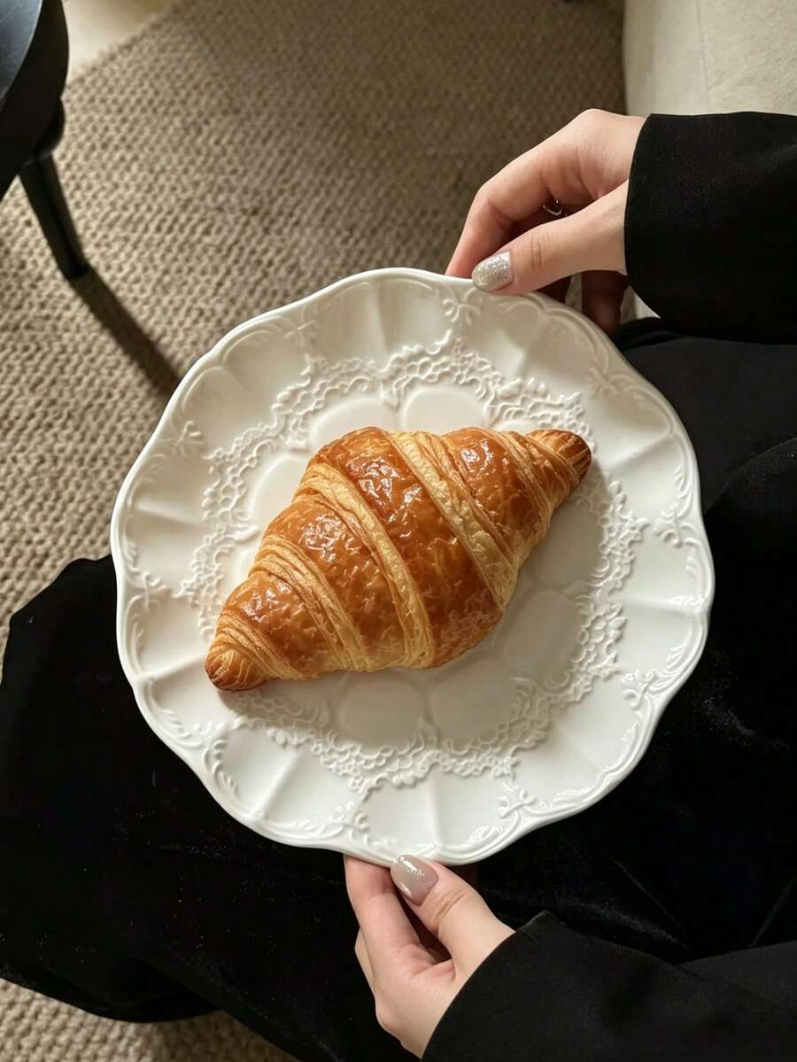 1 Stück französischer geprägter Keramikteller, exquisiter Nachmittagstee-Dessertteller, Premium-Heim-West-Esszimmerteller - Weiss - Übersicht 1