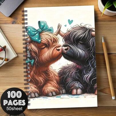 1pc Funny Scotland Highland Cattle Spiral Notebook - Cute Cartoon Design With Teal Bows & Hearts, 100 Pages A5 Travel Journal, Durable Paper Diary Planner For, College, Office - Perfect Gift For Students, Friends, Student Stationery, Charming Animal