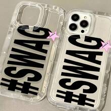 Y2K "#SWAG" 白色圓點極簡印花黑色亮面手機殼，適用於 iPhone 11 13 Pro Max 15 17 17 Pro Max 及 Galaxy S24 Ultra S26 Ultra，標語設計，適合千禧世代、生日及日常使用 - 彩色 - 查看 2