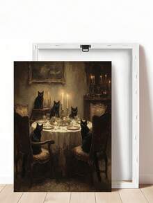 1pc Gothic Black Cat Dinner Party Art, Dark Academia Cat Moody Victorian Animal Painting, Ideal Gift,Suitable For Bedroom,Living Room,Kitchen,Wall Arts,Wall Decor,Home Decor,Room Decor,Canvas Wall Art,Posters, Wall Art With Frame, Optional Frame - 1PCS - View 8