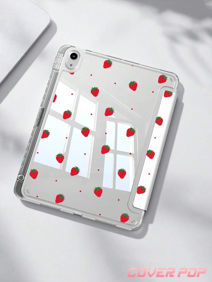 紅色波點與草莓圖案平板保護殼，相容於 IPad 10 2022 (10.9 吋) / 11(A16) 2025 (11 吋), 9.7/10.2/10.5/10.9/12.9/Pro 11/ 11(A16) 2025 (11 吋), Kindle Paperwhite 第12代 2024, Kindle (第11代 - 2024年發布), 柔軟防震, 智慧休眠/喚醒功能, Y型折疊平板保護殼, 多角度觀看