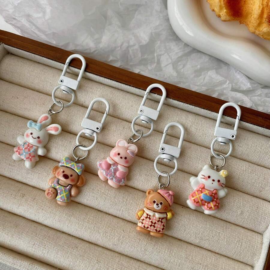 5pcs Plaid Skirt Animal Charms, Cartoon Animal Resin Accessories, Durable Keychain With Lobster Clasp, Decorative Birthday Gift Card Holder Keychain Set, Suitable For Bags And Car Keys