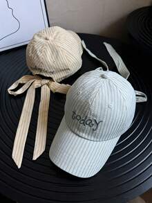 1Pc Women Sweet Bow Ribbon Design Baseball Cap ,Y2K Travel Fashion Sunscreen Versatile Contrast Striped Women's Hats, Gift For Back To School. - Multicolor - View 2