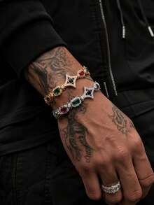European And American Hip-Hop Style Colorful Star Bracelet Necklace, Unisex Lightweight Luxury Copper Inlaid Zirconia Cuban Chain, Street Fashion Accessory - Colored Gemstone Star Cuban Chain - View 2