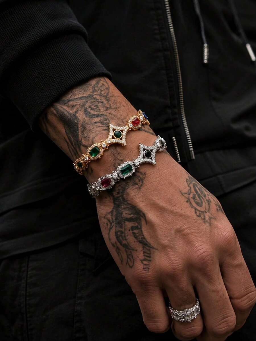 European And American Hip-Hop Style Colorful Star Bracelet Necklace, Unisex Lightweight Luxury Copper Inlaid Zirconia Cuban Chain, Street Fashion Accessory