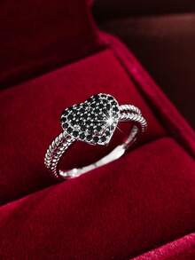 Fashion Heart-Shaped Full Rhinestone Colorful Zirconia Ring, Women's Adjustable Open Ring, Sweet Luxury Gift Jewelry - Black - View 7