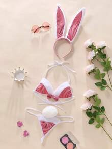 ROMWE Kawaii Set Cosplay Kelinci Pink Berbulu Halus, Bikini Halter Berbulu Halus 3 Potong, Cocok untuk Pasangan Intim - Berwarna merah muda - View 11