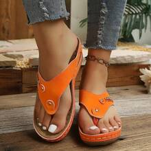 Women's Solid Color Rhinestone High Heel Flip Flops Beach Sandals For Summer Vacation - Orange - View 5
