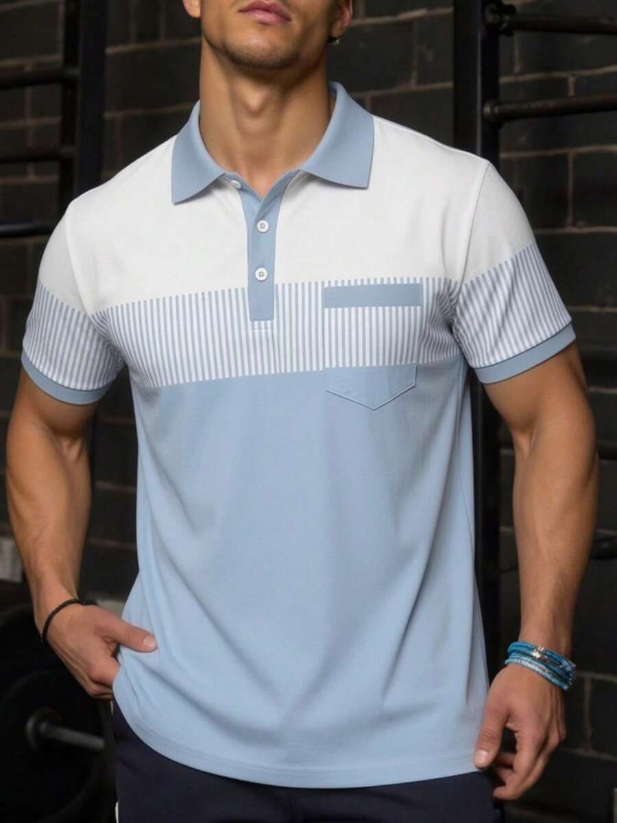 男士夏季休閒百搭舒適拼色條紋口袋 Polo 衫 - 彩色 - 查看 1