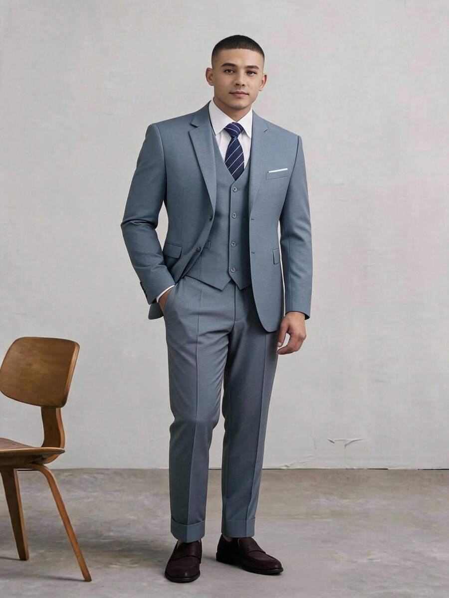 Furuyal 男士西装三件套优雅西装套装男士绅士纯色双扣修身单排扣婚礼夹克背心裤配领带套装舞会礼服派对皇家蓝色尺码 XS-3XL - 霧霾藍 - 查看 1