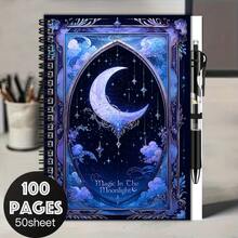 1 Set Dreamy Starry Sky Style 2D Cover Spiral Coil Notebook Set With Pen, 100 Pages 50 Sheets, Exquisite Pattern "Magic In The Moonlight". Suitable For Back To School, Work And Study Scenes, Great For Journaling, Daily Planning Or As A Memo, Also A Thoughtful Gift Choice For Graduation And Birthdays. - M - View 7