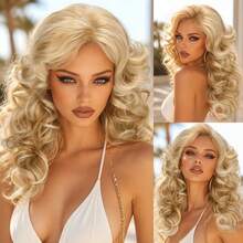18-Inch Long Curly Wig, Gold Bangs Style, 1pc, 150% High Density Heat-Resistant Fiber, Breathable Rose Net Cap, Suitable For Daily Wear And Halloween Parties - Gold - View 2