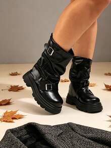 Women's Wide Fit Plus Size Thick Sole Mid-Calf Boots, Autumn/Winter Cross Lace-Up Boots, Punk Style Wide Shaft Leather Belt Buckle Inner Zipper Boots - Black - View 1