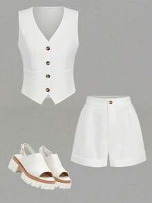 Women's Casual Solid Color Elegant Commuter Outfit Asymmetric Vest And Shorts Two Pieces Set With Buttons And Pockets, Summer White, Workplace To Weekend - White - View 5