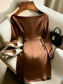 Elegant French Style Solid Color Retro Party Dress For Women, Asymmetrical Design, Sophisticated Party Dress - Rust Brown - View 2
