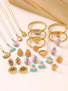 Macaron Enamel 4PCS Jewelry Set, Titanium Steel Gold Plated, Hypoallergenic Necklace Bracelet Earrings Ring, Perfect Gift For Women - Seashell Four-piece Set - View 4
