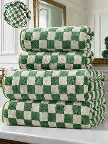 Green Bath Towels For Bathroom Set Of 4 - Cute Checkered Bathroom Towels Hand Towel For Kitchen Decor, Lightweight For Bath Face Body - Green - View 1