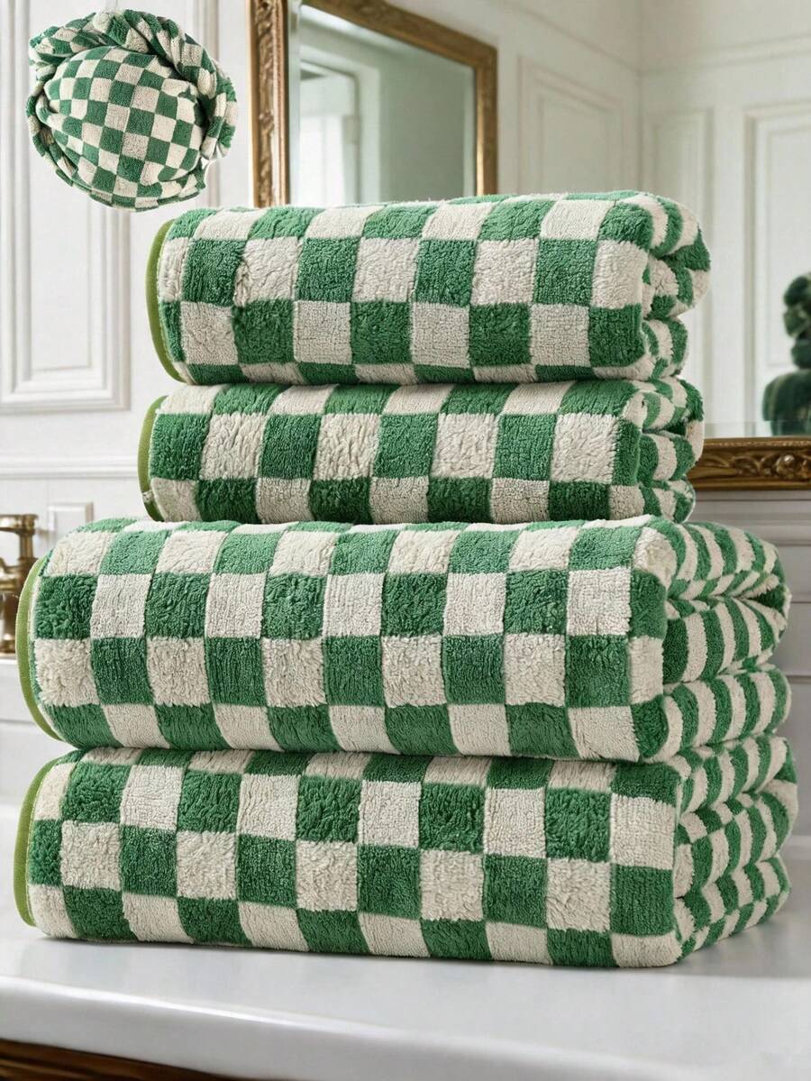 Green Bath Towels For Bathroom Set Of 4 - Cute Checkered Bathroom Towels Hand Towel For Kitchen Decor, Lightweight For Bath Face Body - Green - View 1