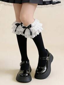 1 Pair Women's Multi-Layer Lace Ruffle Bow Leg Warmers JK Slouch Socks - Black - View 6
