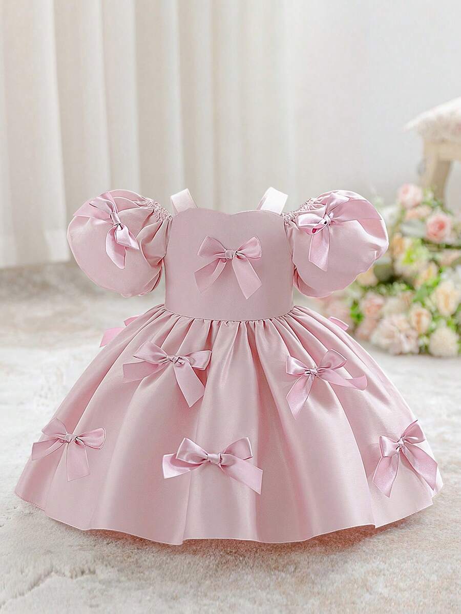 Baby Girls Thick Strap 3D Bow Satin Cute Wedding Flower Girl Princess Dress Suitable For Birthday Party, Headband Not Included - Dusty Pink - View 1